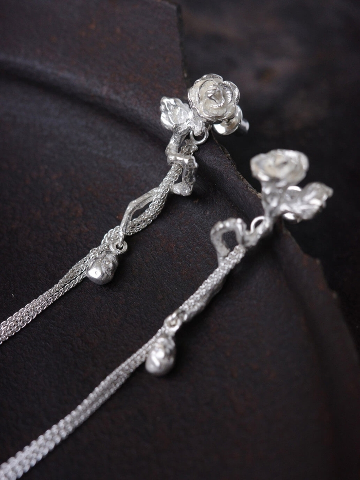 Silver rose branch earrings
