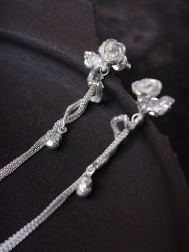 Silver rose branch earrings
