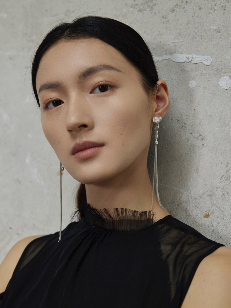 Silver rose branch earrings