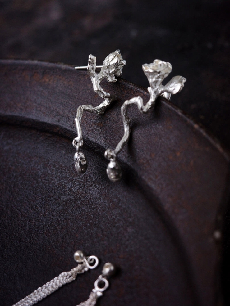 Silver rose branch earrings