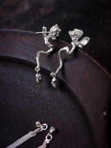 Silver rose branch earrings
