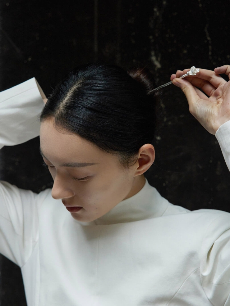 Silver magnolia bud hairpin