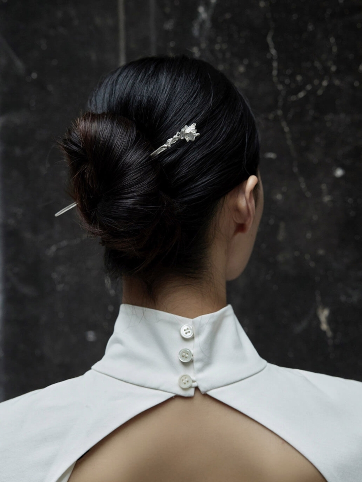 Silver magnolia bud hairpin