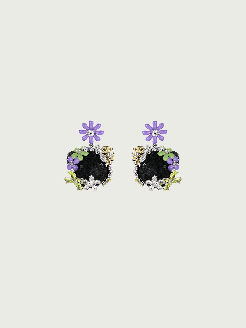 Black enamel bear and flower earrings