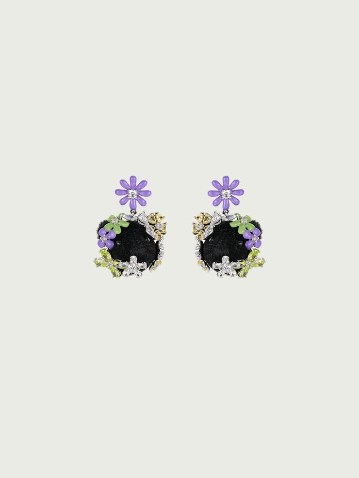 Black enamel bear and flower earrings