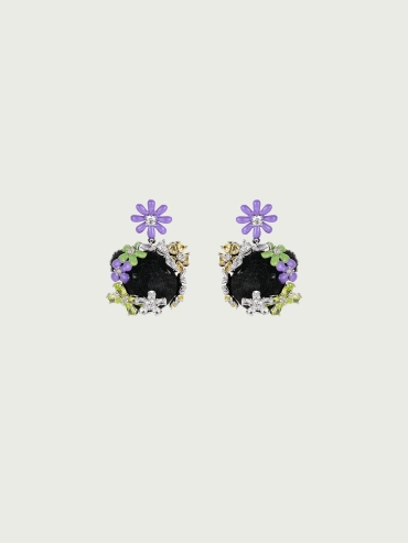 Black enamel bear and flower earrings