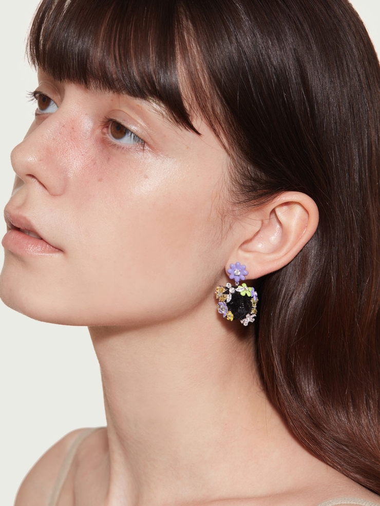 Black enamel bear and flower earrings