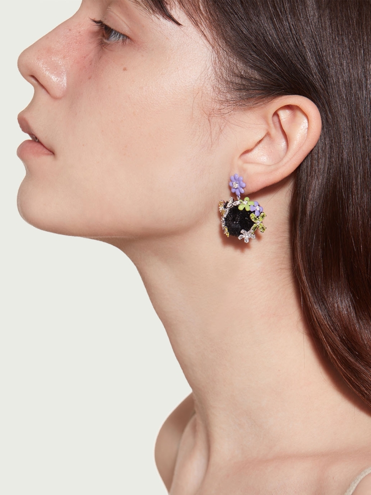 Black enamel bear and flower earrings