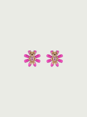 Pink enamel daisy bear earrings