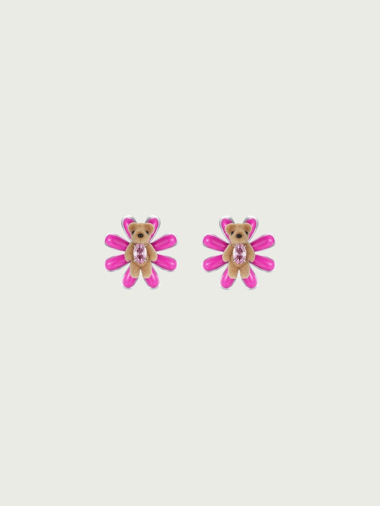 Pink enamel daisy bear earrings