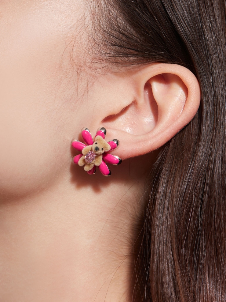 Pink enamel daisy bear earrings