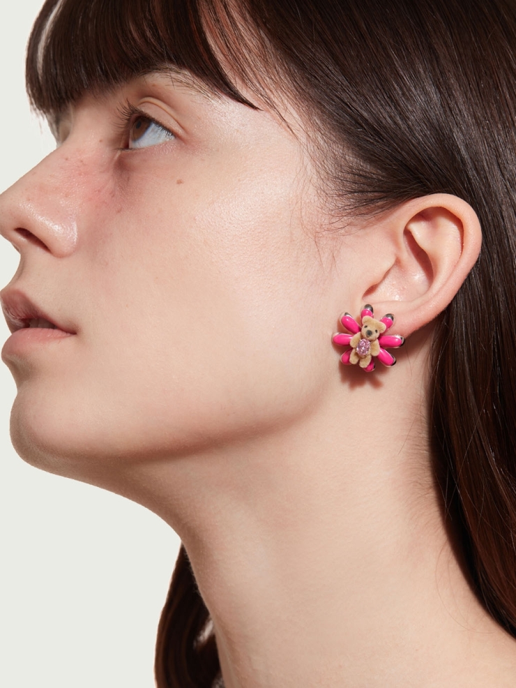 Pink enamel daisy bear earrings