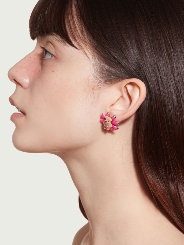 Pink enamel daisy bear earrings