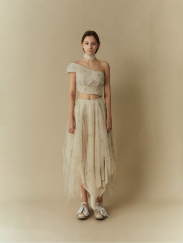 White printed tulle layered skirt