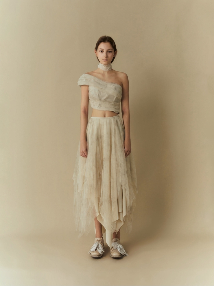 White printed tulle layered skirt