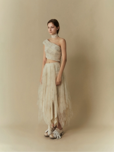 White printed tulle layered skirt