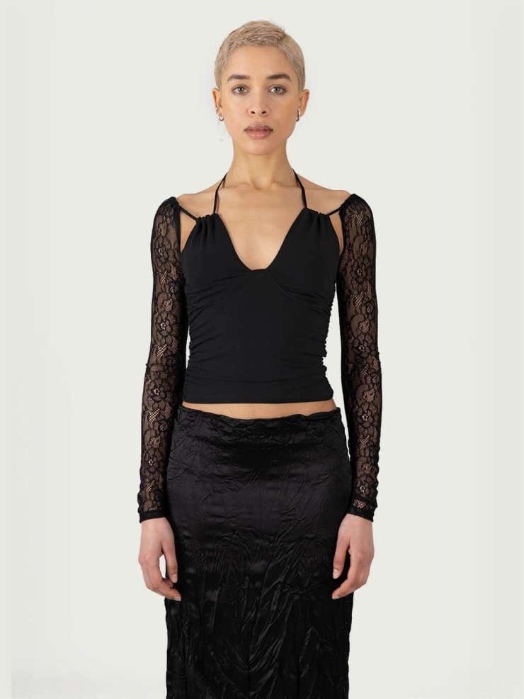 Black Sheer Lace Sleeves Top