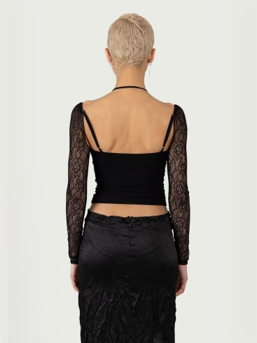 Black Sheer Lace Sleeves Top