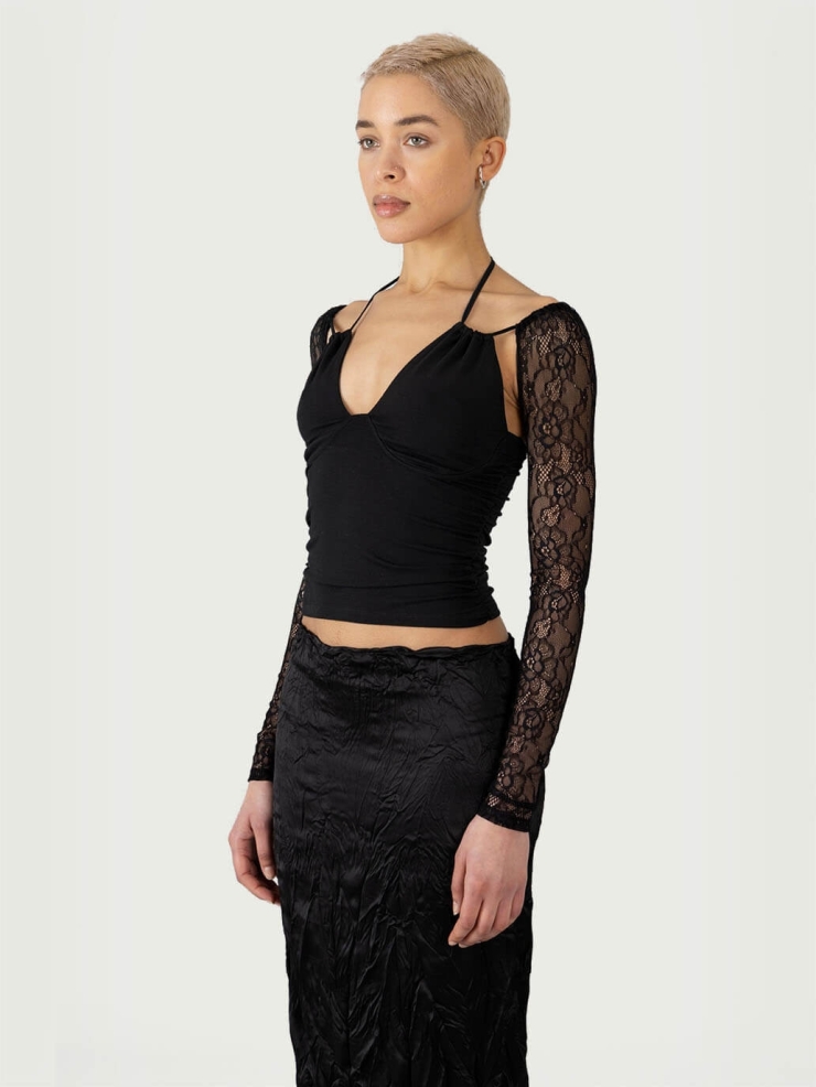 Black Sheer Lace Sleeves Top