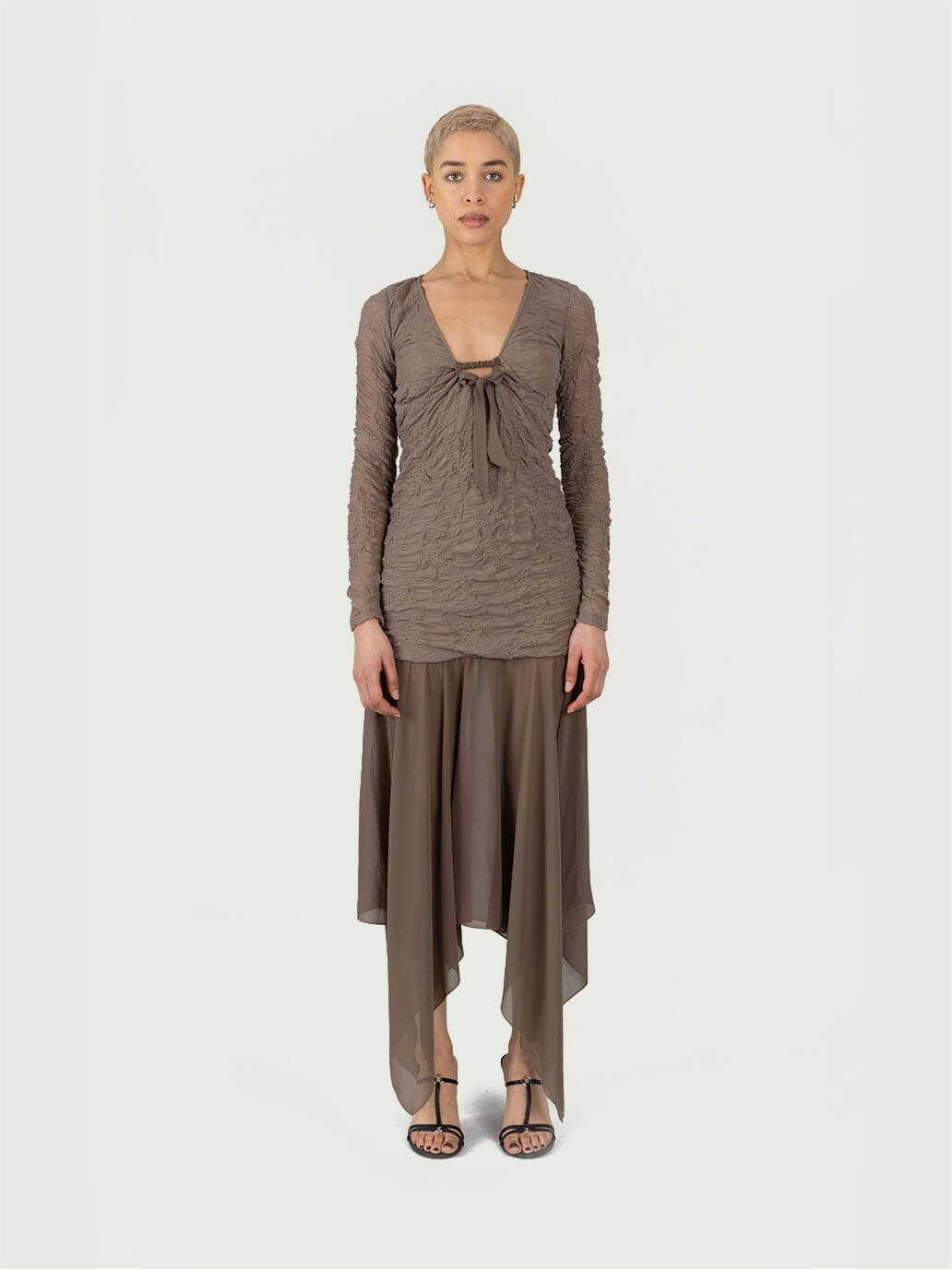 Brown Jacquard Maxi Dress with Chiffon Skirt