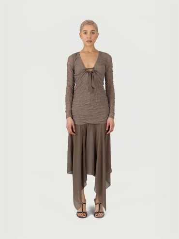 Brown Jacquard Maxi Dress with Chiffon Skirt