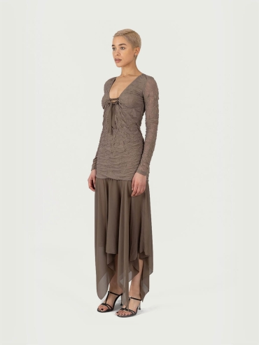Brown Jacquard Maxi Dress with Chiffon Skirt