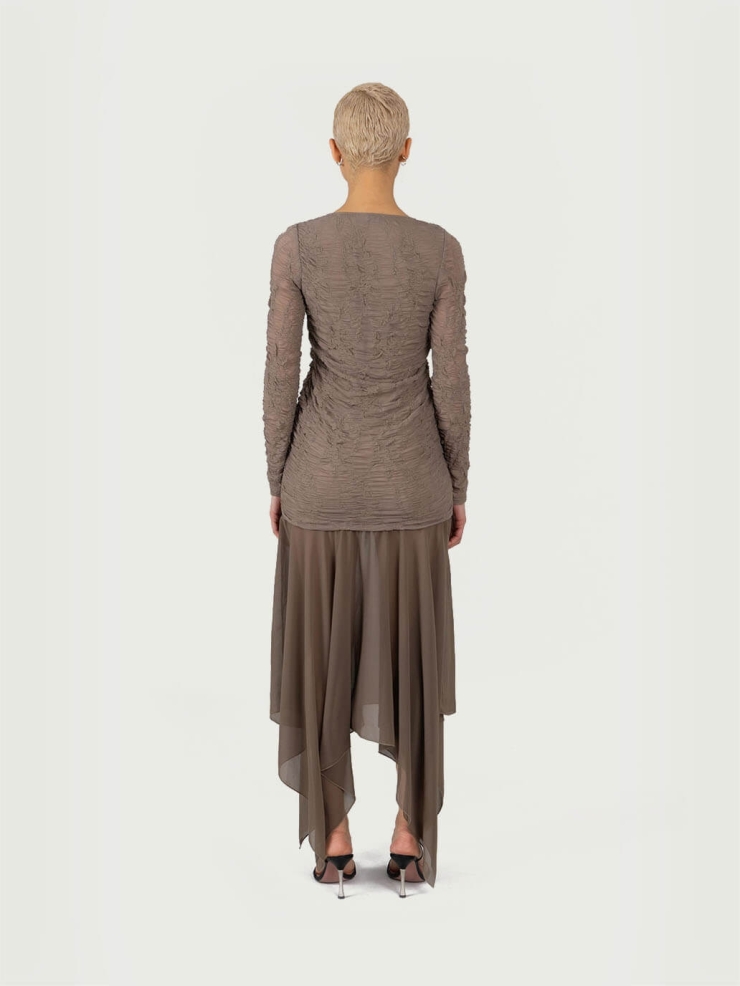 Brown Jacquard Maxi Dress with Chiffon Skirt