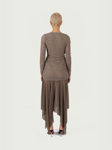 Brown Jacquard Maxi Dress with Chiffon Skirt