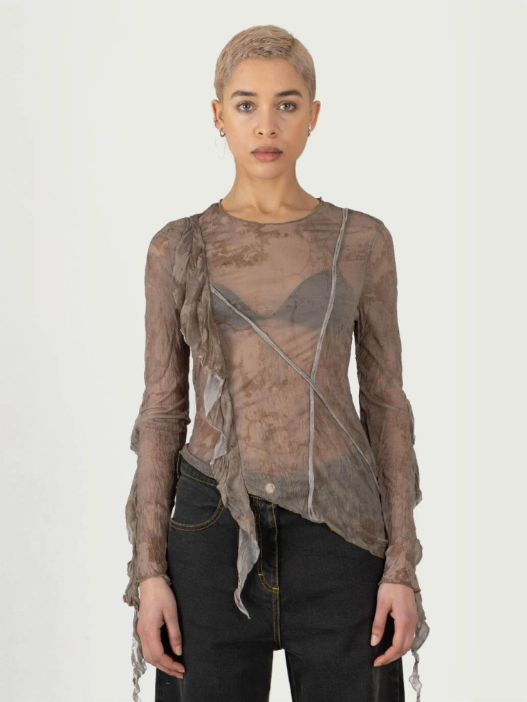 Brown Moonstone Print Printed Long Sleeve Asymmetric Crinkle Top