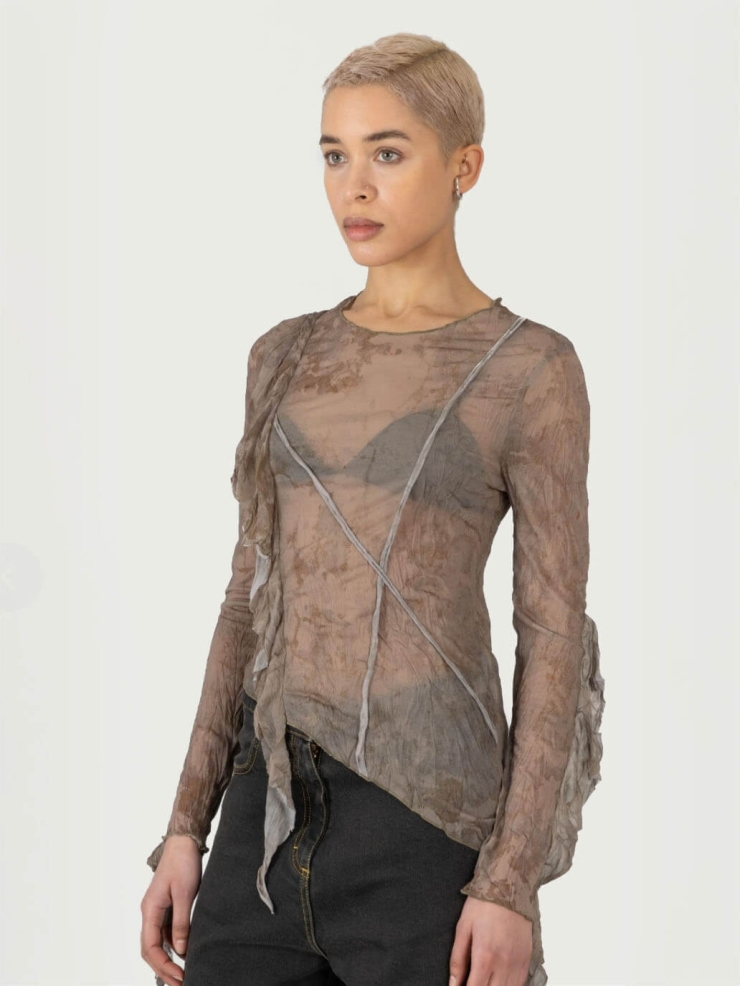 Brown Moonstone Print Printed Long Sleeve Asymmetric Crinkle Top