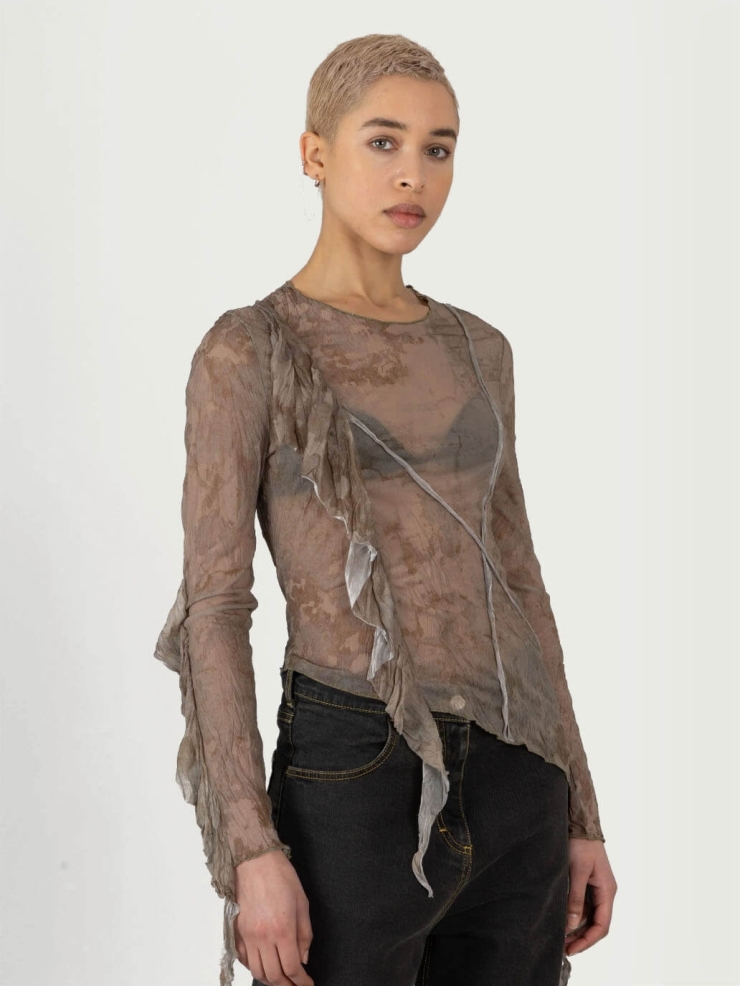 Brown Moonstone Print Printed Long Sleeve Asymmetric Crinkle Top