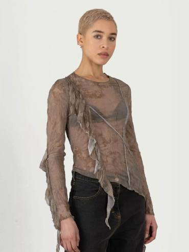 Brown Moonstone Print Printed Long Sleeve Asymmetric Crinkle Top