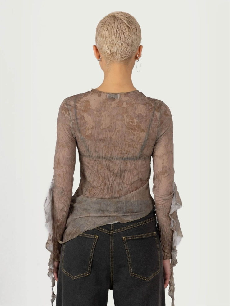 Brown Moonstone Print Printed Long Sleeve Asymmetric Crinkle Top