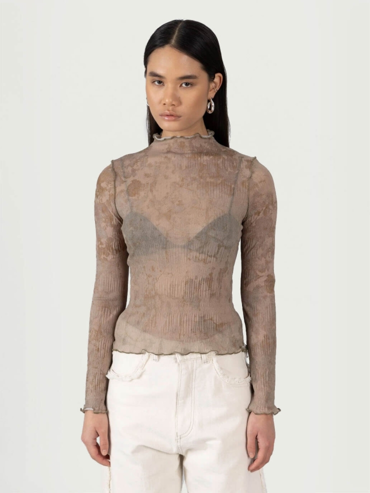 Brown Moonstone Print Ruffle Pleated Top