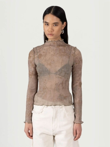 Brown Moonstone Print Ruffle Pleated Top