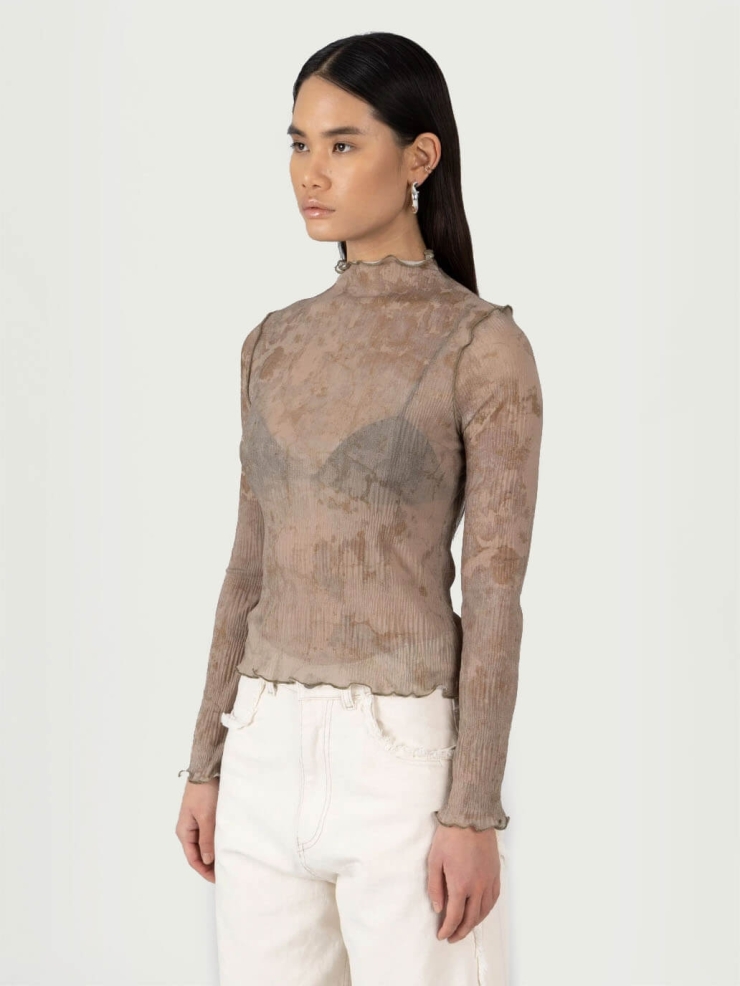 Brown Moonstone Print Ruffle Pleated Top