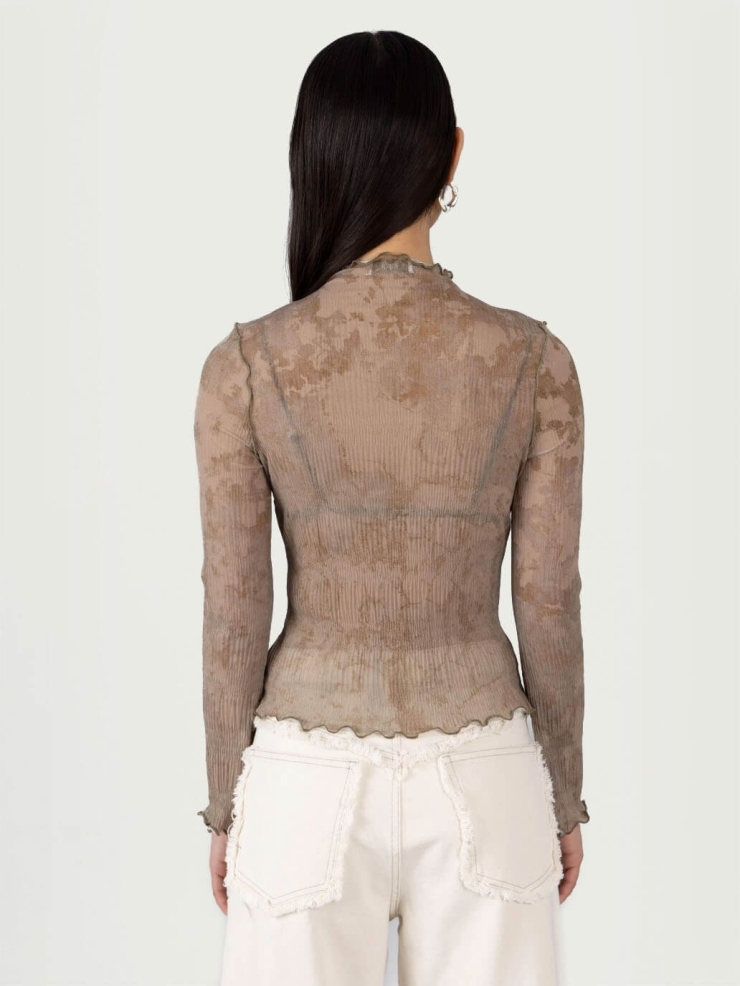 Brown Moonstone Print Ruffle Pleated Top