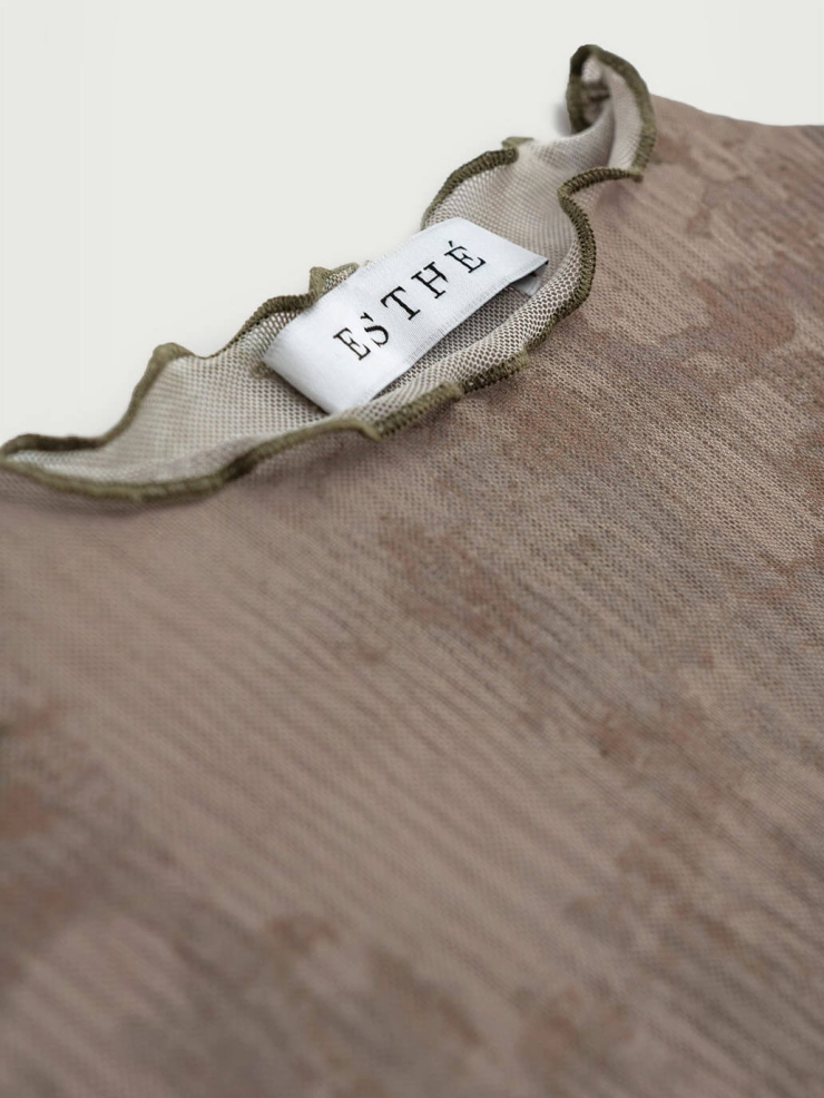 Brown Moonstone Print Ruffle Pleated Top