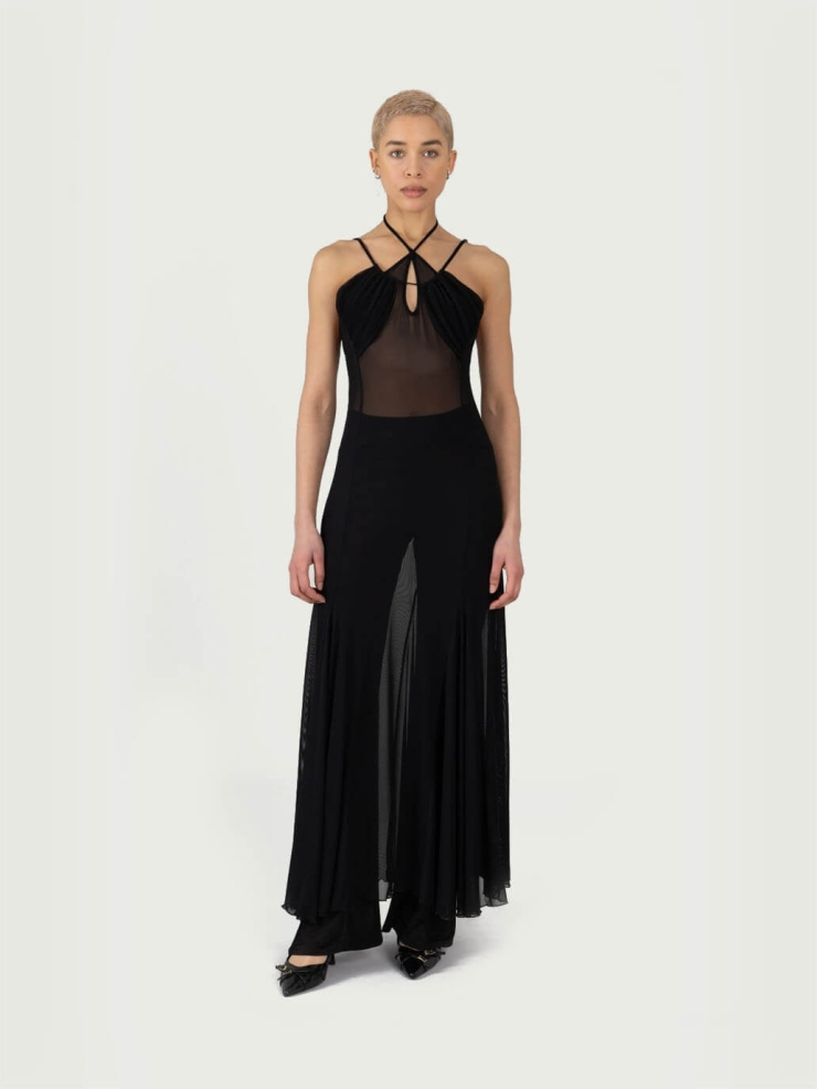 Black Mesh CutOut Godet Maxi Dress