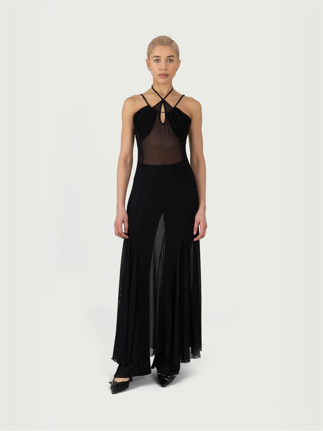Black Mesh CutOut Godet Maxi Dress