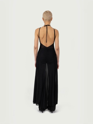 Black Mesh CutOut Godet Maxi Dress