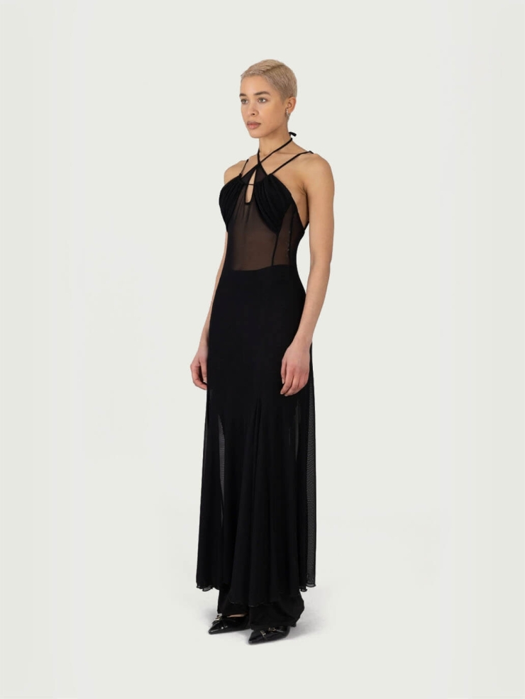 Black Mesh CutOut Godet Maxi Dress