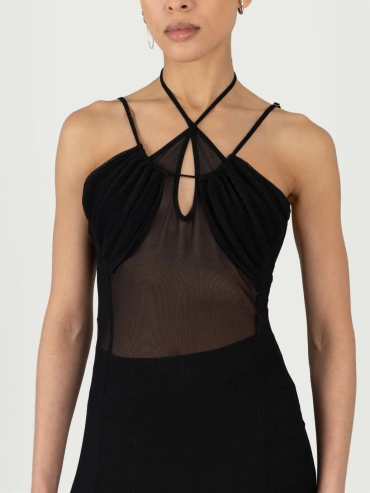 Black Mesh CutOut Godet Maxi Dress
