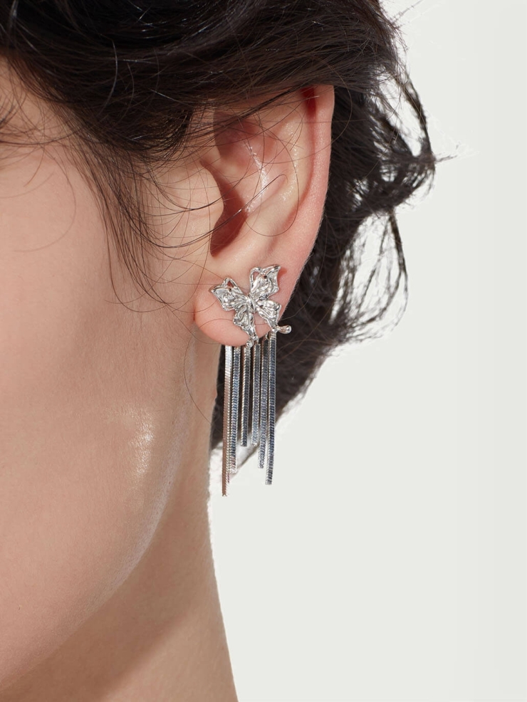 Silver tassel butterfly earrings