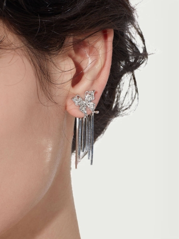 Silver tassel butterfly earrings