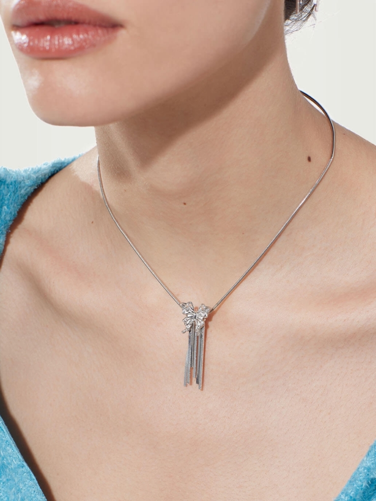 Silver tassel butterfly necklace