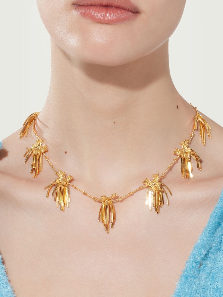 Gold multi-cluster tassel butterfly necklace