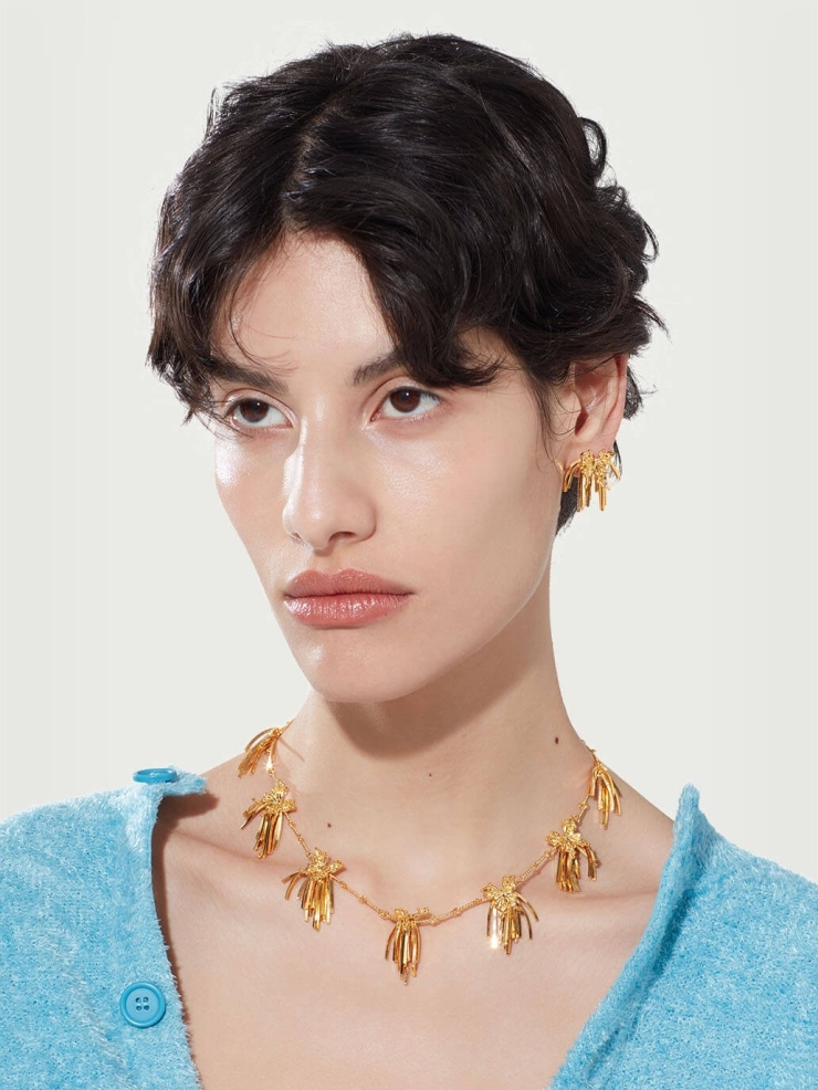 Gold multi-cluster tassel butterfly necklace