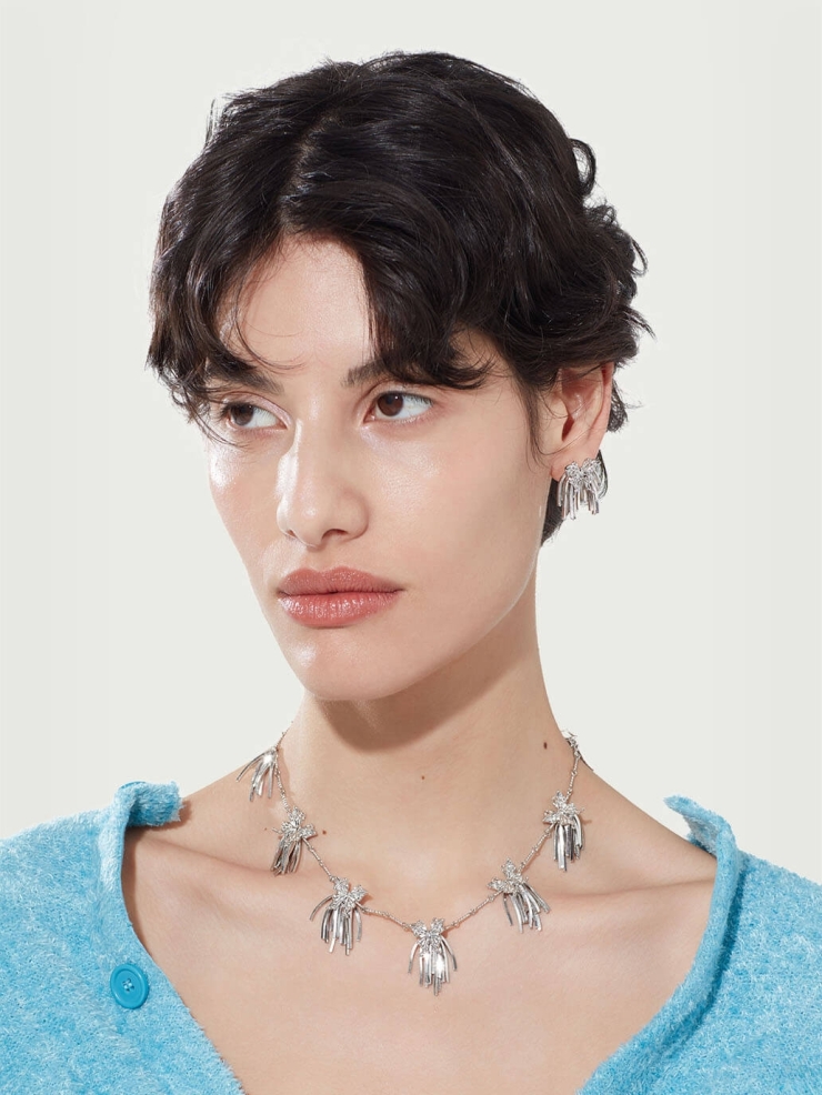 Silver multi-cluster tassel butterfly necklace