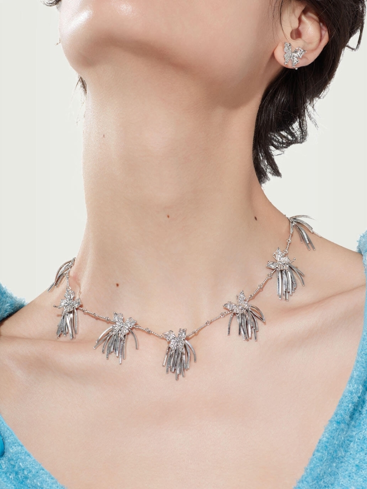 Silver multi-cluster tassel butterfly necklace